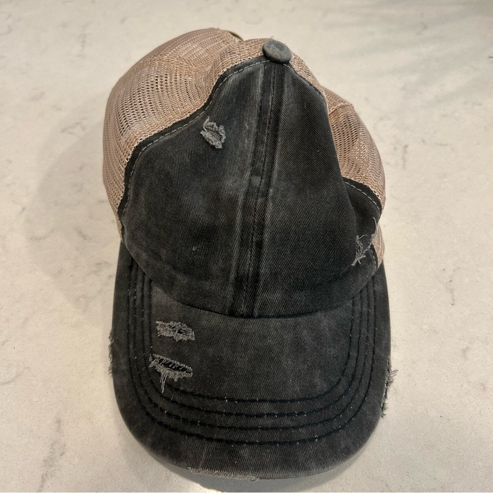 C.C.Exclusive Ponytail Hat Charcoal Grey Mesh Distressed Adjustable